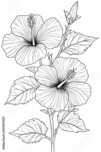 Obraz Hibiscus flowers illustrated in detailed line art Generative AI