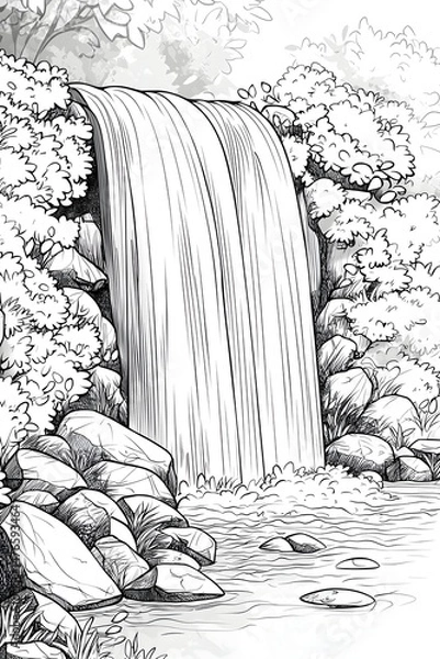 Fototapeta Waterfall cascading over rocks in a serene landscape Generative AI