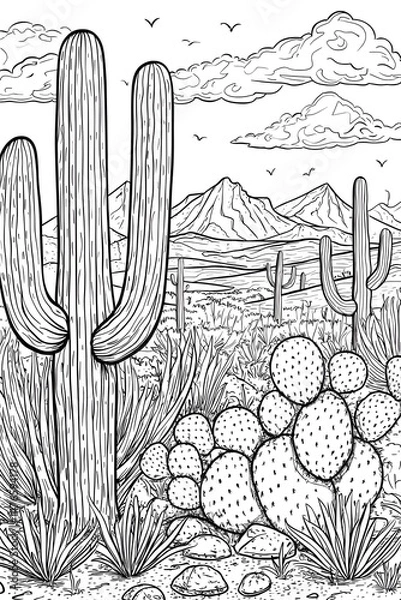 Fototapeta Desert landscape with cacti and mountains in black and white Generative AI