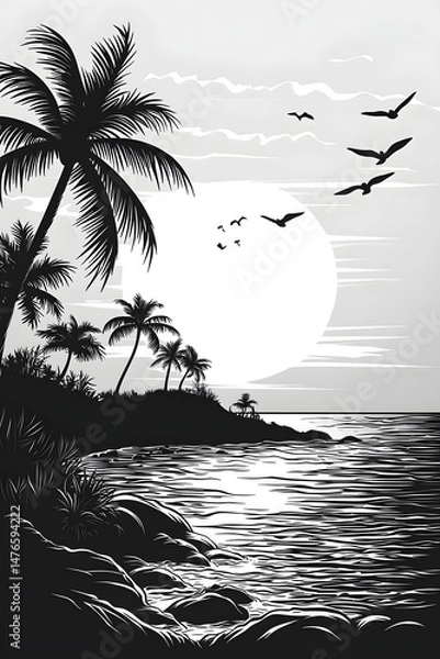 Obraz Black and white beach landscape with palm trees at sunset Generative AI