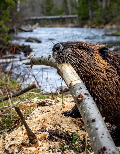 Fototapeta Closeup of a beaver carrying a log. Represents hard work, wildlife, construction, or natures power. Ideal for conservation, environmental, and animalrelated content.
