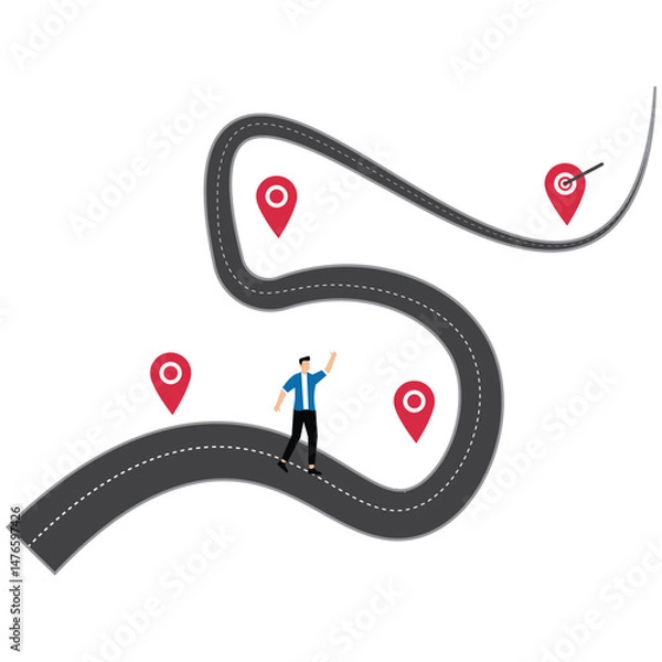 Fototapeta Roadmap journey step planning ,businessman running on milestone location pin on business roadmap.project milestone or business journey achievement, workflow or process timeline to success