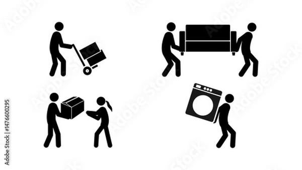 Obraz Set of stick figures, professional movers and parcel delivery, flat vector illustration.