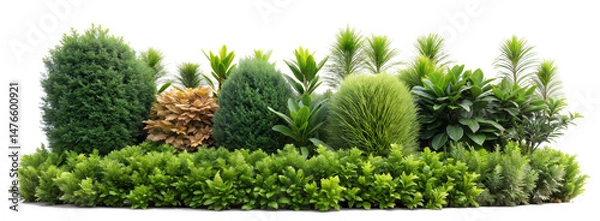Fototapeta evergreen leaves of tropical plants shrubs (Monstera, palm, fern, rubber plant, pine, birds nest fern) floral arrangement isolated on white background . cutout, or clipping path.