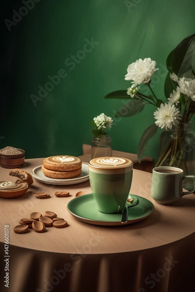 Obraz A cup of coffee with latte art on the table, green ceramic cups and saucers, a simple design style