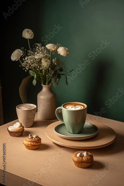 Obraz A cup of coffee with latte art on the table, green ceramic cups and saucers, a simple design style