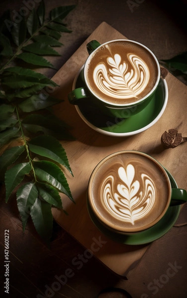 Obraz Two cups of cappuccino with latte art in the shape of leaves on green mugs