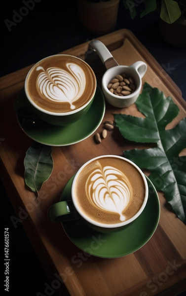 Obraz Two cups of cappuccino with latte art in the shape of leaves on green mugs