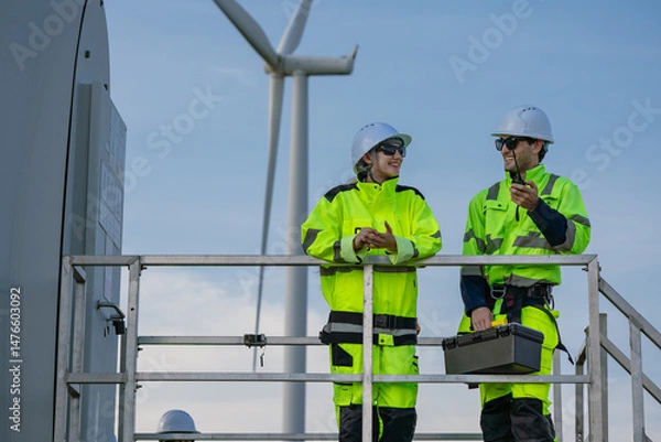 Fototapeta Maintenance engineer team standing at windmills at wind turbine farm. Group of people wear safety helmet and uniform working at alternative renewable energy wind station. Sustainable energy technology