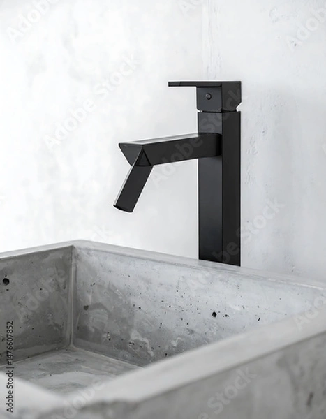 Fototapeta Minimalist aesthetic featuring a concrete sink with a sleek, black faucet. Modern bathroom design, perfect for architectural or interior design projects. Clean, stylish, and contemporary.