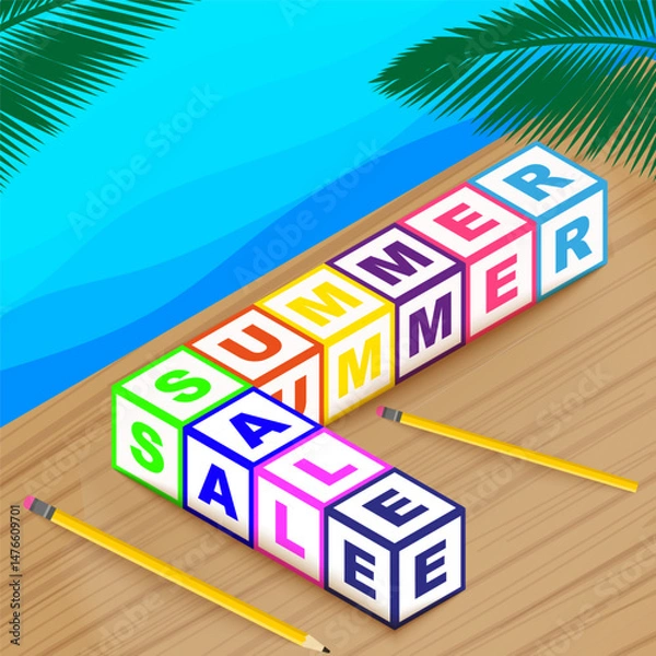 Fototapeta Colorful lettered blocks spelling SUMMER SALE are arranged in an L-shape on a wooden surface
