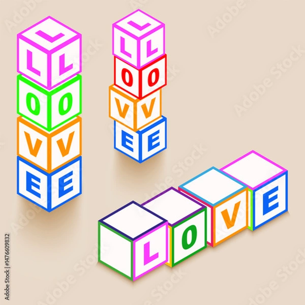 Fototapeta Colorful cubes with letters spelling LOVE in different arrangements
