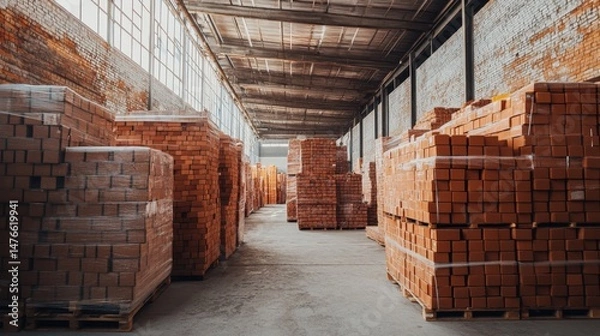 Fototapeta Pallets of Red Bricks Stacked in Industrial Warehouse under Sunlight