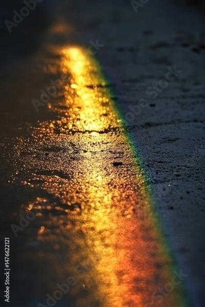 Fototapeta Rainbow Reflection on Wet Pavement Abstract Close Up Shot of Light Refraction on Water Droplets on Dark Asphalt Surface