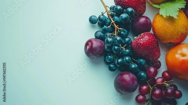 Fototapeta Fresh vibrant fruit medley arrangement with grapes, plums, and strawberries