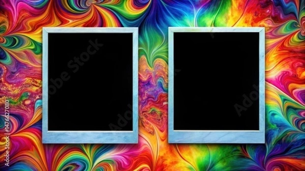 Fototapeta A Polaroid frame with a black border on both front and back sides, containing a colorful abstract background with swirling patterns and shapes , black border, design