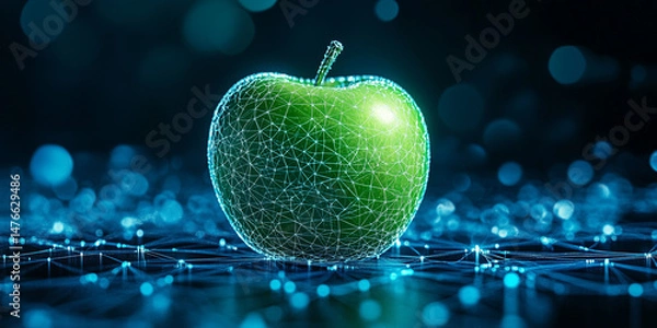 Fototapeta Minimalist abstract image of a green apple created from a network of glowing blue nodes and lines