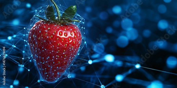 Obraz Minimalist abstract image of a red strawberry created from a network of glowing blue nodes and lines