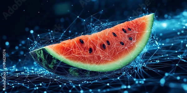 Obraz Minimalist abstract image of a slice of watermelon created from a network of bright blue nodes and lines