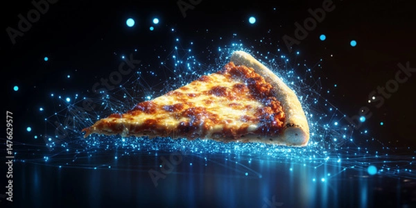 Fototapeta Minimalist abstract image of a slice of pizza created from a network of glowing blue nodes and lines, conveying advanced ideas, technology and connectivity