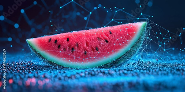 Fototapeta Minimalist abstract image of a slice of watermelon created from a network of bright blue nodes and lines