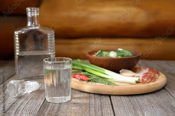 Fototapeta On a wooden table against the log wall there is a shot of vodka in front of a glass pitcher next to a wooden tray with a snack of vegetables, bacon and a clay bowl of pickled cucumbers. 