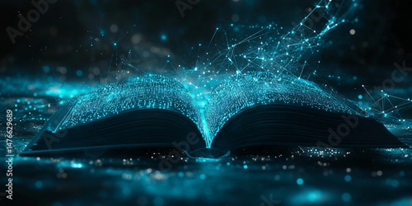 Fototapeta Minimalist abstract image of an open book created from a network of glowing blue nodes and lines, conveying advanced ideas, technology and connectivity