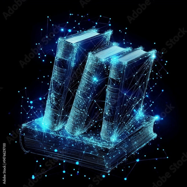 Fototapeta Minimalist abstract image of an open book created from a network of glowing blue nodes and lines, conveying advanced ideas, technology and connectivity