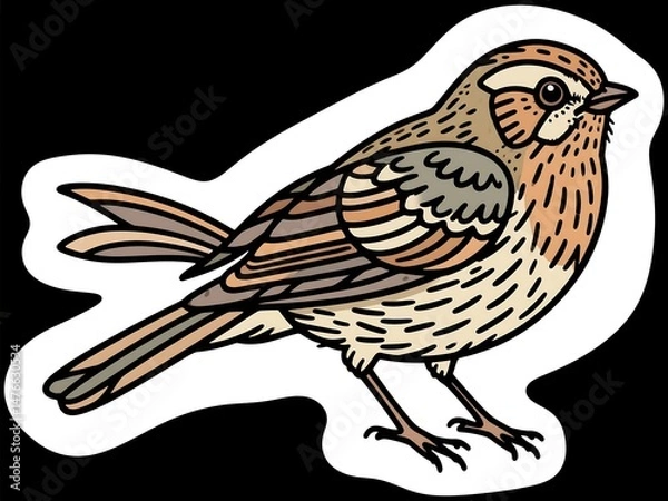 Fototapeta Bird drawing sticker format earthy color wren perched left black background suitable for logo merchandise cards handcraft projects or rustic-themed digital branding asset