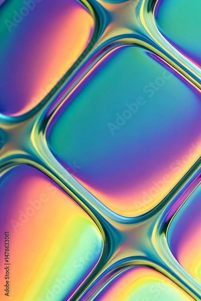 Fototapeta Abstract 3D geometric iridescent holographic background with metal chrome surface with multicolored sheen, gradient yellow, blue, pink, purple, green shade, reflective glass shape with colored stains.