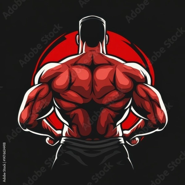 Fototapeta Back view of muscular man flexing arms in a bold red and black graphic style.