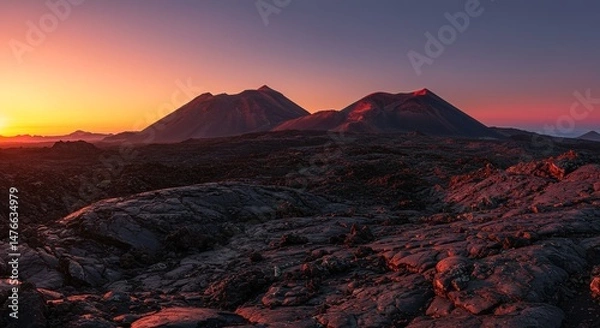 Obraz Ethereal volcanic landscape at sunset with vibrant skies casting warm hues