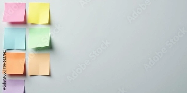 Fototapeta Grid of colorful blank sticky notes arranged neatly on a light grey wall, perfect for brainstorming, reminders, or office organization.