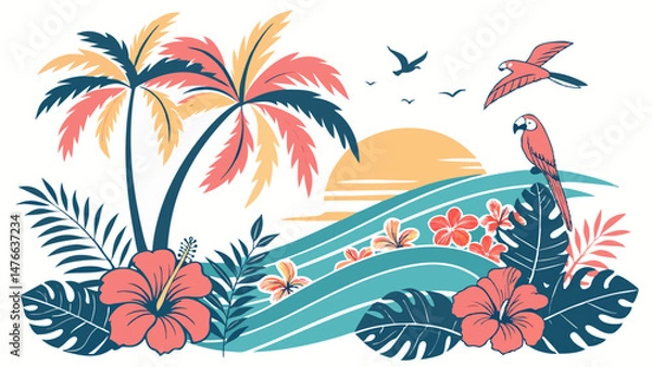 Fototapeta vector illustration of a tropical island with palms