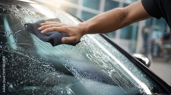 Fototapeta Person Inspecting Spotless Windshield with Microfiber Cloth in Sunlight