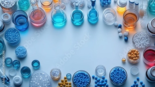 Fototapeta Colorful bottles and jars with various liquids and spheres in scientific arrangement