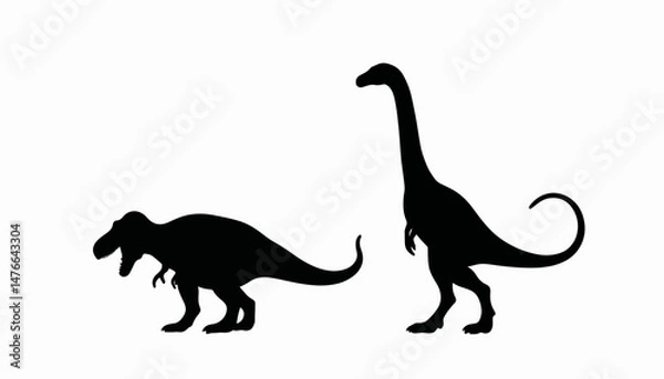 Fototapeta Dinosaur silhouettes of T-Rex and long-neck dinosaur on white background, prehistoric concept