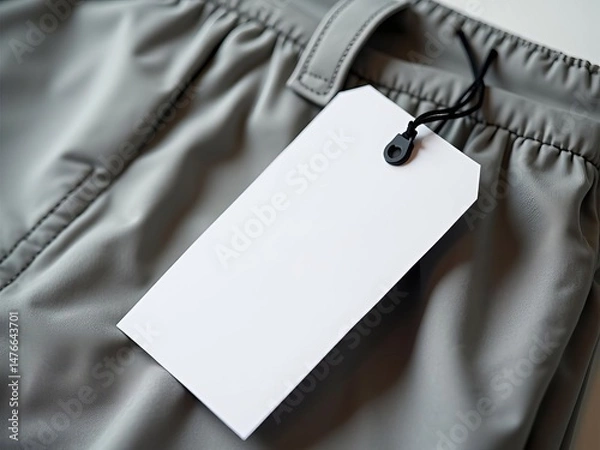 Fototapeta Angled blank white price tag mockup attached to grey modern trousers with a black string, ideal for retail fashion branding or sale display.