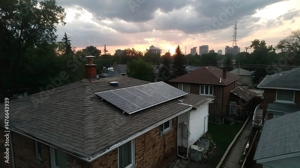 Obraz A view of rooftops, trees, and buildings against a cloudy sunset sky. The closest roof has panels attached. A transmission tower is among the buildings.