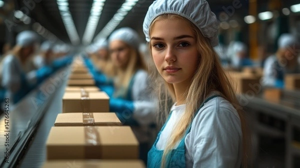 Fototapeta Young worker in factory setting engaged in packing process