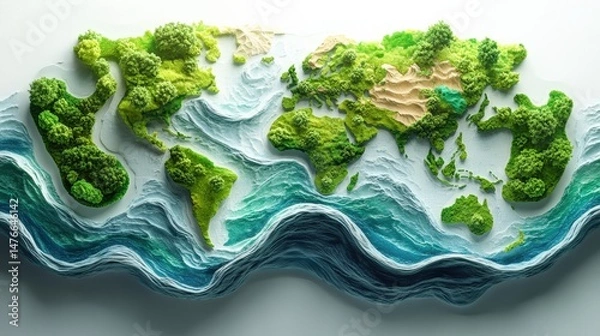 Fototapeta Artistic map of the world in 3 d relief with greenery and blue water elements