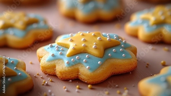 Fototapeta Colorful decorative star shaped cookies with icing and sprinkles