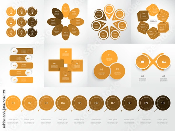 Obraz Set of orange creative infographic templates with 2, 3, 4, 5, 6, 7, 8, 9 and 10 options, parts, steps. Presentation of teamwork, business processes or achievement.