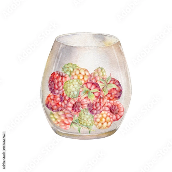Fototapeta Raspberry served in translucent glass, ripe picked berry dewberry cloudberry mulberry tayberry boysenberry harvest. Isolated illustration hand drawn in watercolor. Farmers market grocery preserves