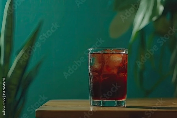 Fototapeta Red cocktail with ice on a wooden table