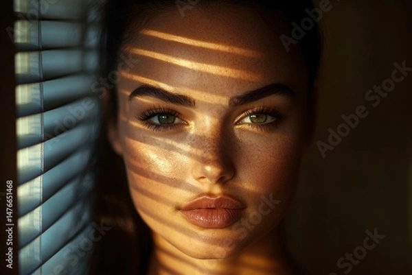Fototapeta A woman with green eyes is in front of a window with a striped blind