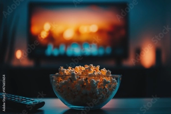 Fototapeta Bowl of Popcorn in Front of Television for Movie Night at Home Low Angle Close Up Shot