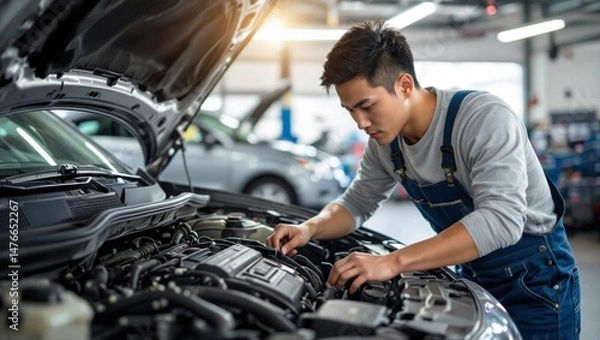 Fototapeta car mechanic working on engine

