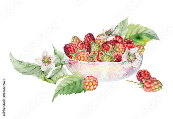Fototapeta Raspberry berries leaves flowers served in glass bowl, ripe picked garden dewberry cloudberry mulberry boysenberry harvest. Isolated illustration hand drawn in watercolor. Farmers market preserves