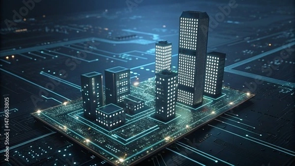 Fototapeta Futuristic cityscape with glowing structures, advanced tech, and neon-lit skyline